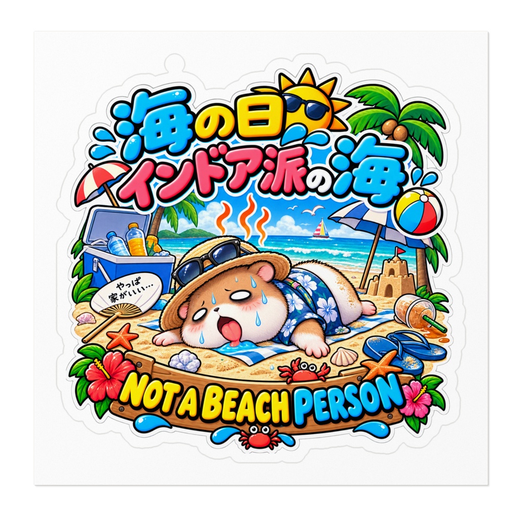 海の日」だからと外に連れ出されたが、砂浜で干からびている(ハムスター) / "NOT A BEACH PERSON" Hamster Sticker
