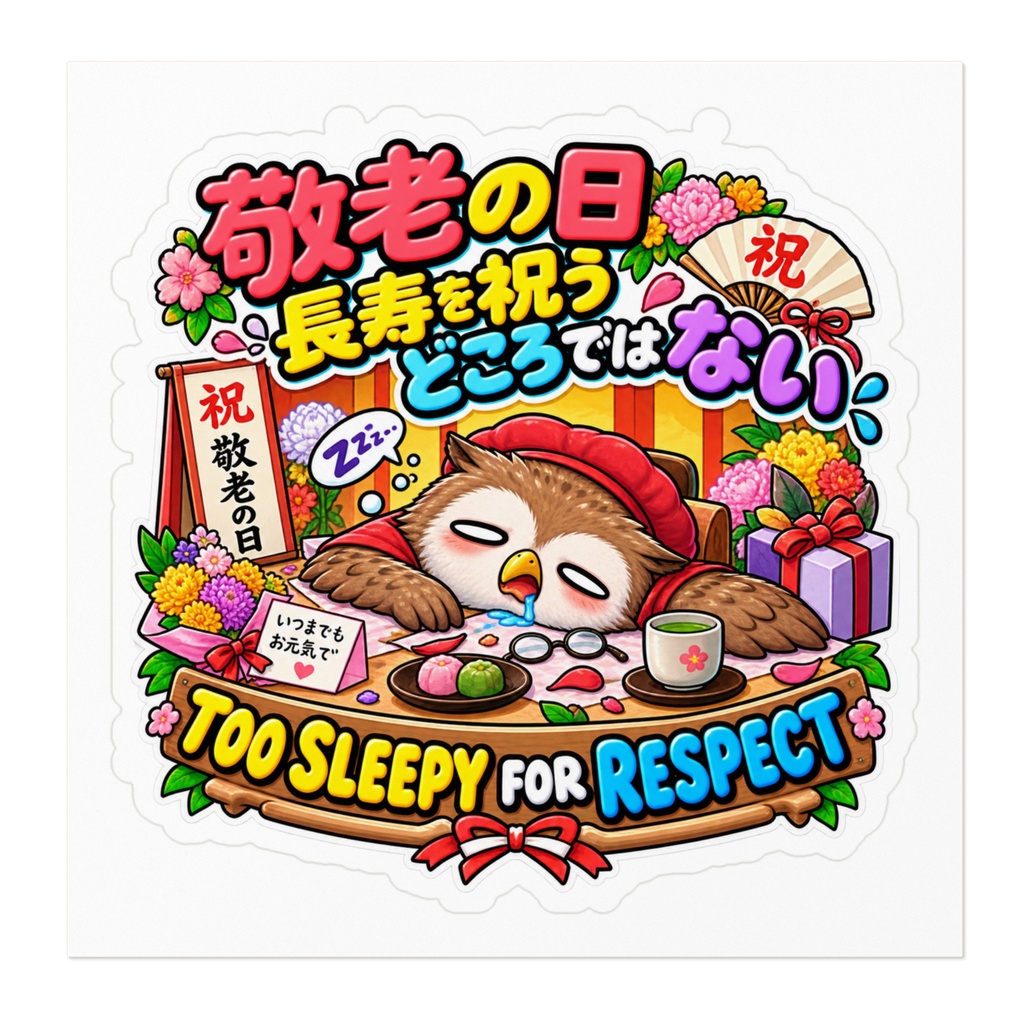 敬老の日で長寿を祝われている最中に、睡魔に負けてガクッと崩れ落ちる(フクロウ) / "TOO SLEEPY FOR RESPECT" Owl Sticker