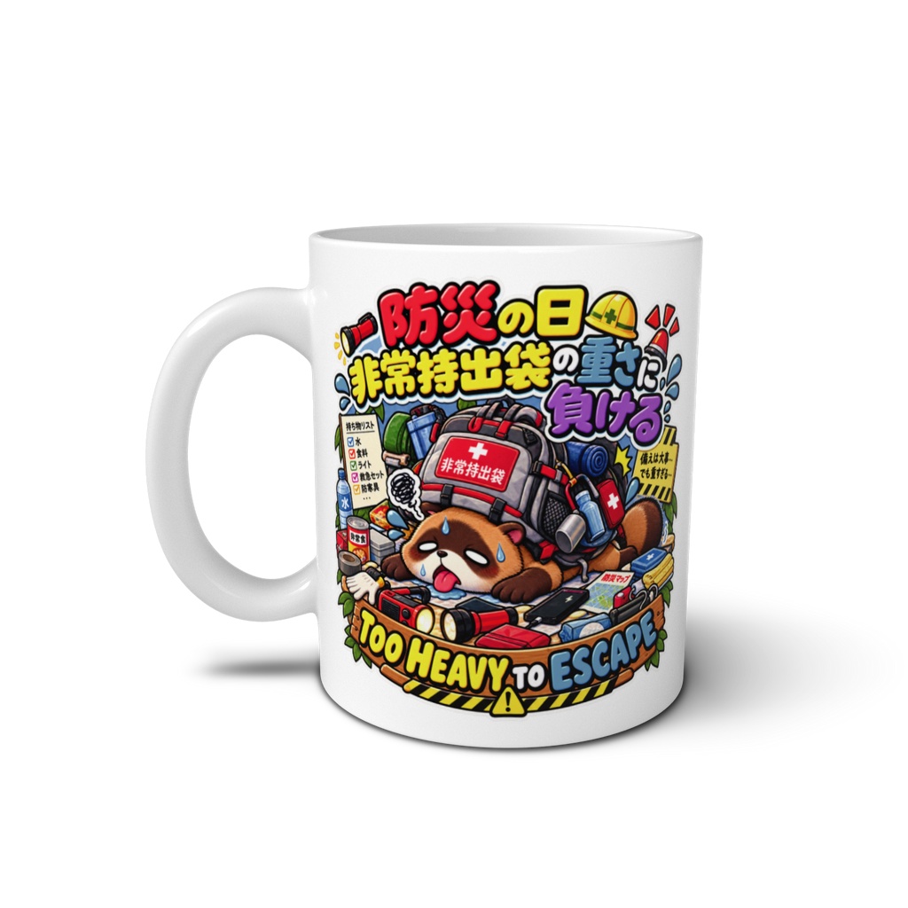 防災の日に備えて荷物を詰め込みすぎた結果、非常持出袋の重さに耐え切れず潰れている(タヌキ) / "TOO HEAVY TO ESCAPE" Raccoon Dog