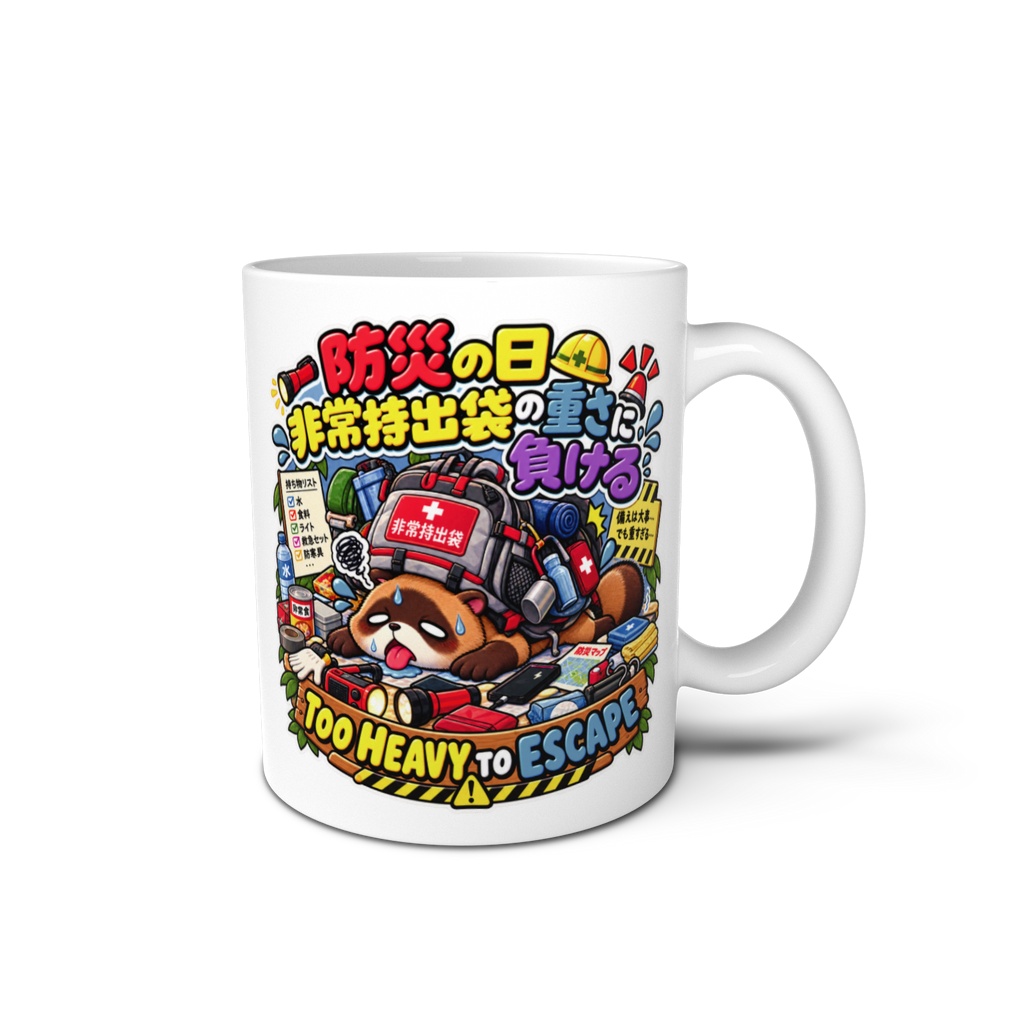 防災の日に備えて荷物を詰め込みすぎた結果、非常持出袋の重さに耐え切れず潰れている（タヌキ） / "TOO HEAVY TO ESCAPE" Raccoon Dog