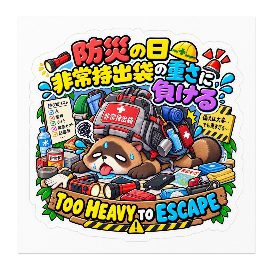 防災の日に備えて荷物を詰め込みすぎた結果、非常持出袋の重さに耐え切れず潰れている(タヌキ) / "TOO HEAVY TO ESCAPE" Raccoon Dog Sticker