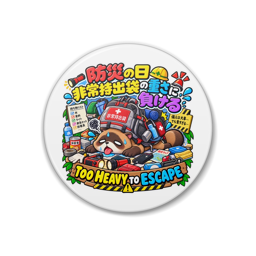 防災の日に備えて荷物を詰め込みすぎた結果、非常持出袋の重さに耐え切れず潰れている（タヌキ） / "TOO HEAVY TO ESCAPE" Raccoon Dog