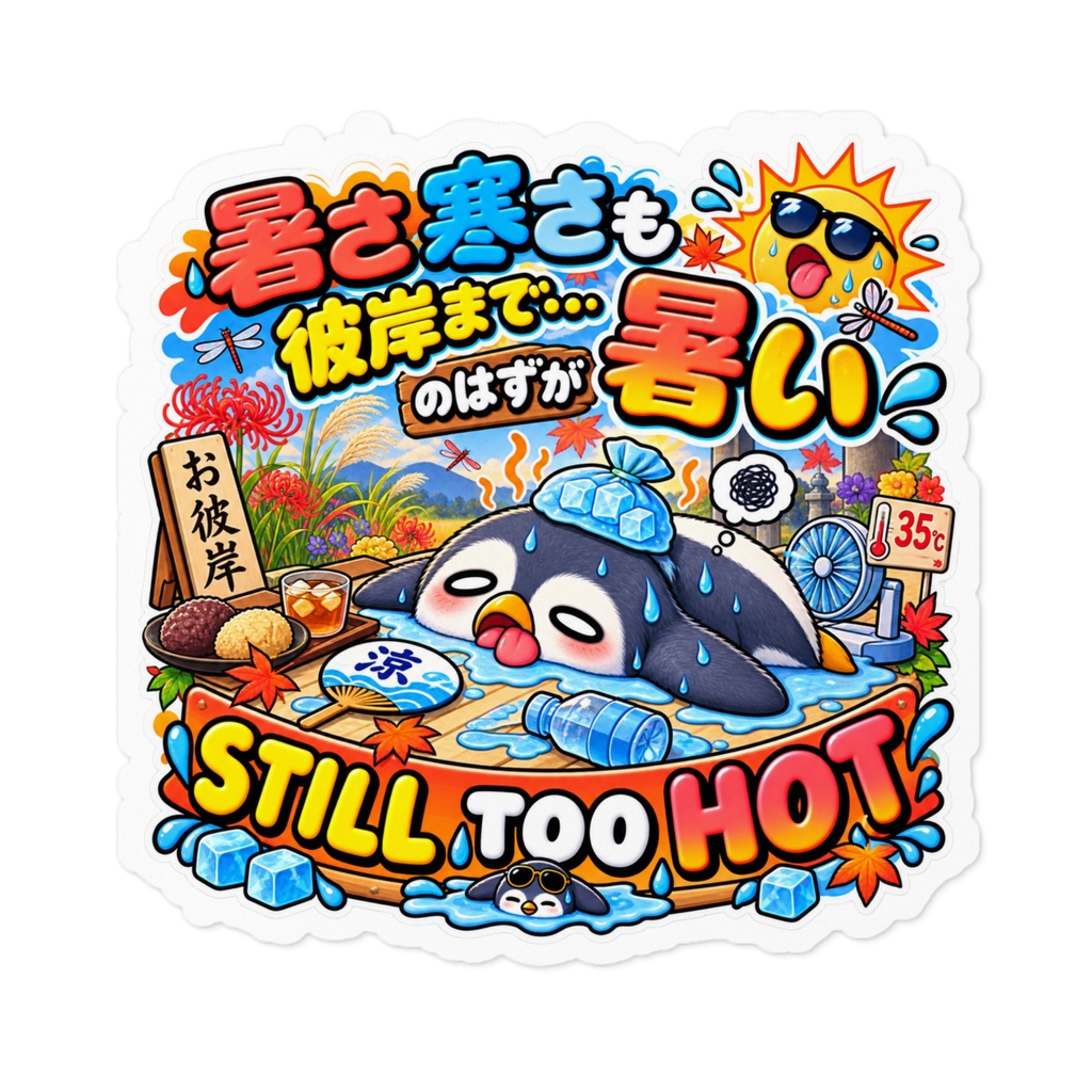 「お彼岸だから涼しくなるはずでは？」と、残暑にやられて干からびる（ペンギン） / "STILL TOO HOT" Penguin Sticker