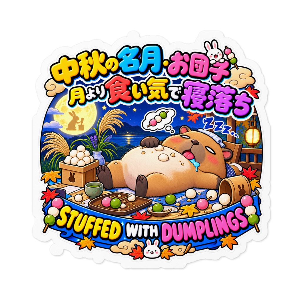 お月見のお団子を一人で全部平らげ、満足感と食べ過ぎで動けない（カピバラ） / "STUFFED WITH DUMPLINGS" Capybara Sticker