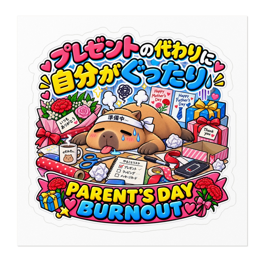 日頃の感謝を伝えるはずが、親よりも先に自分が力尽きて横たわった(カピバラ) / "PARENT'S DAY BURNOUT" Capybara Sticker