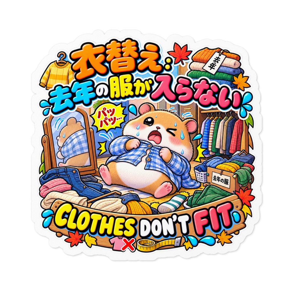 衣替えで去年の服を着てみたが、見事にパツパツで挟まる（ハムスター） / "CLOTHES DON'T FIT" Hamster Sticker