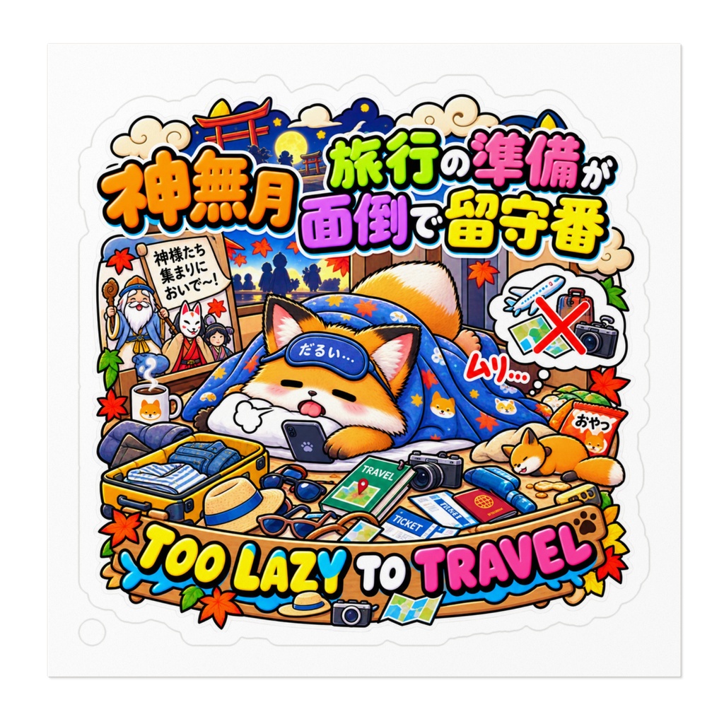 神無月に全国の神様に出雲へ招かれたが、準備が面倒で布団から出ない(キツネ) / "TOO LAZY TO TRAVEL" Fox Sticker