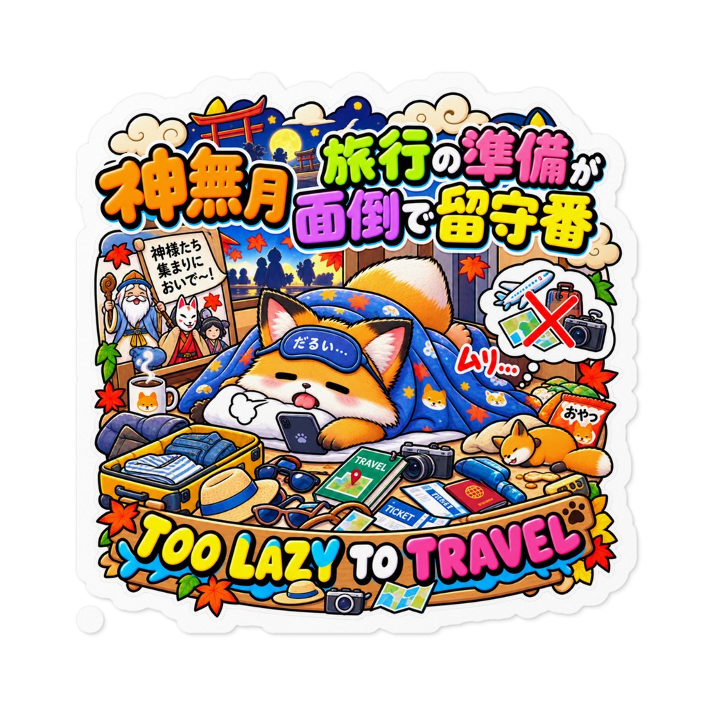 神無月に全国の神様に出雲へ招かれたが、準備が面倒で布団から出ない(キツネ) / "TOO LAZY TO TRAVEL" Fox Sticker