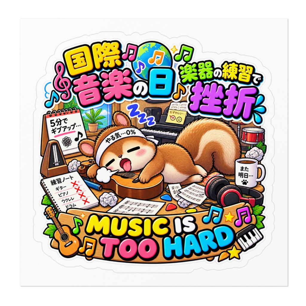 国際音楽の日に一念発起して楽器を始めたが、5分で難しさに敗北して寝る(リス) / "MUSIC IS TOO HARD" Squirrel Sticker