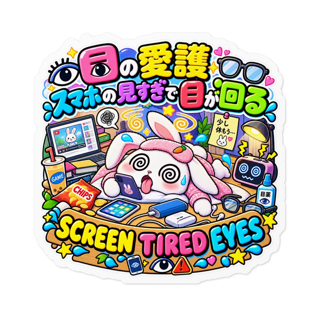 目の愛護の日に「スマホの見すぎ」を反省しようとして、すでに目がグルグル（ウサギ） / "SCREEN TIRED EYES" Rabbit Sticker