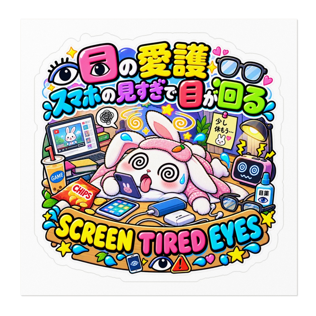 目の愛護の日に「スマホの見すぎ」を反省しようとして、すでに目がグルグル(ウサギ) / "SCREEN TIRED EYES" Rabbit Sticker