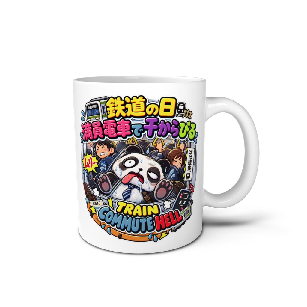 鉄道の日に、毎日の通勤ラッシュの過酷さを思い出して窓ガラスで平たくなっている（パンダ） / "TRAIN COMMUTE HELL" Panda