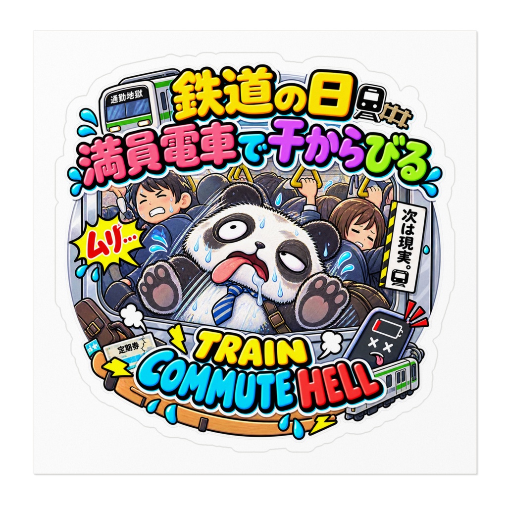 鉄道の日に、毎日の通勤ラッシュの過酷さを思い出して窓ガラスで平たくなっている(パンダ) / "TRAIN COMMUTE HELL" Panda Sticker