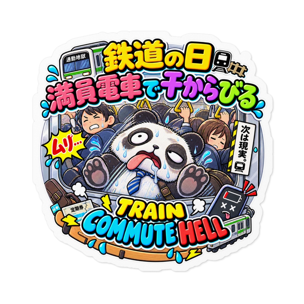 鉄道の日に、毎日の通勤ラッシュの過酷さを思い出して窓ガラスで平たくなっている（パンダ） / "TRAIN COMMUTE HELL" Panda Sticker