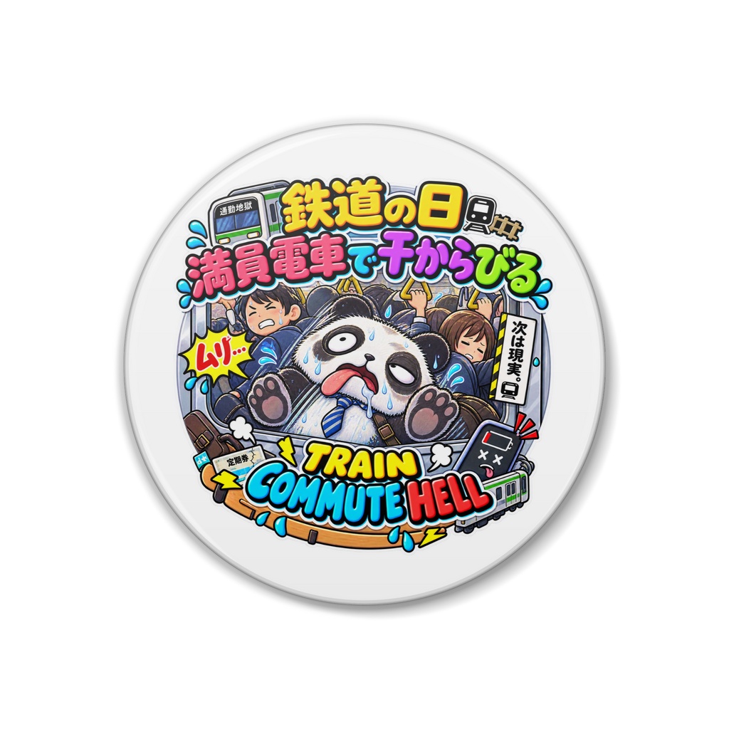 鉄道の日に、毎日の通勤ラッシュの過酷さを思い出して窓ガラスで平たくなっている（パンダ） / "TRAIN COMMUTE HELL" Panda