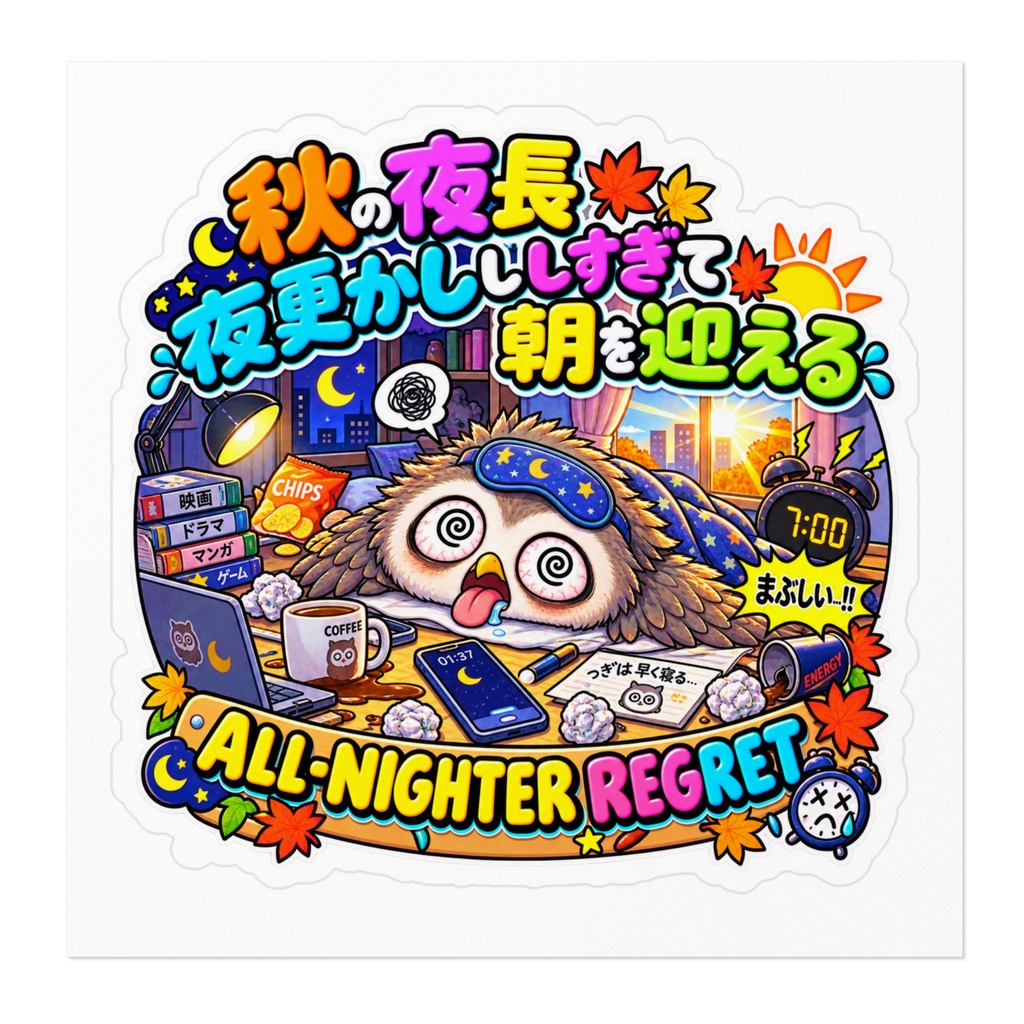 「秋の夜長だし…」と調子に乗って夜更かしし、朝日で完全に焼き尽くされる(フクロウ) / "ALL-NIGHTER REGRET" Owl