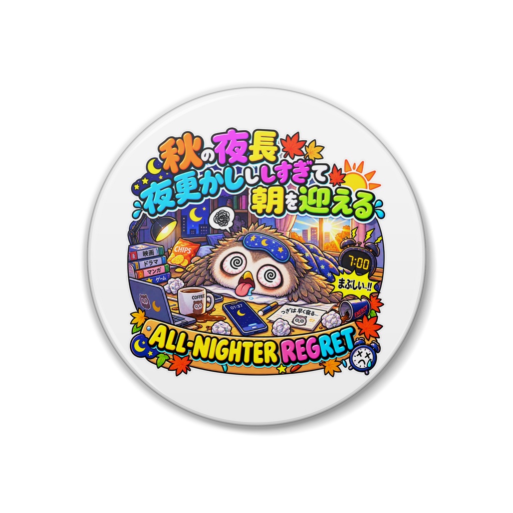「秋の夜長だし…」と調子に乗って夜更かしし、朝日で完全に焼き尽くされる（フクロウ） / "ALL-NIGHTER REGRET" Owl Sticker