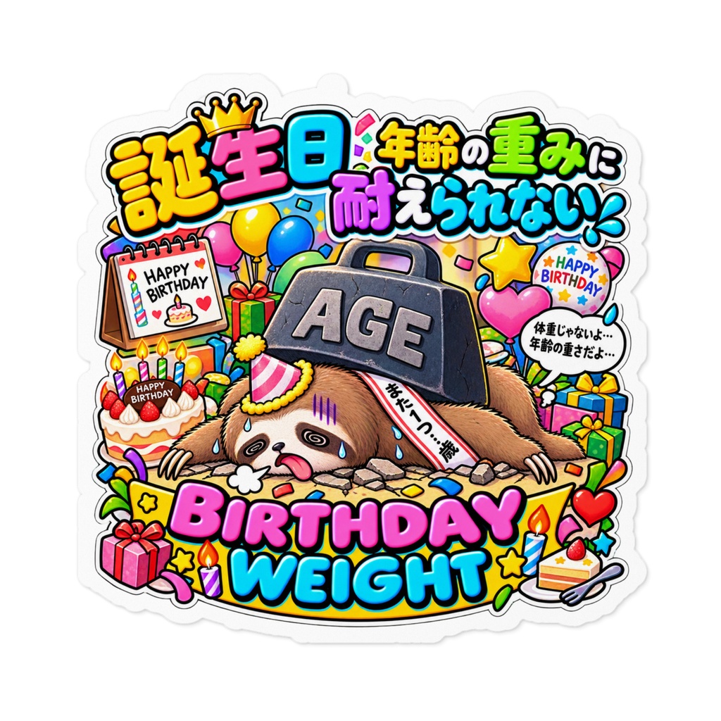 誕生日を迎えて「おめでとう」と言われたが、歳を重ねる重みに耐え切れず地面にめり込む（ナマケモノ） / "BIRTHDAY WEIGHT" Sloth Sticker