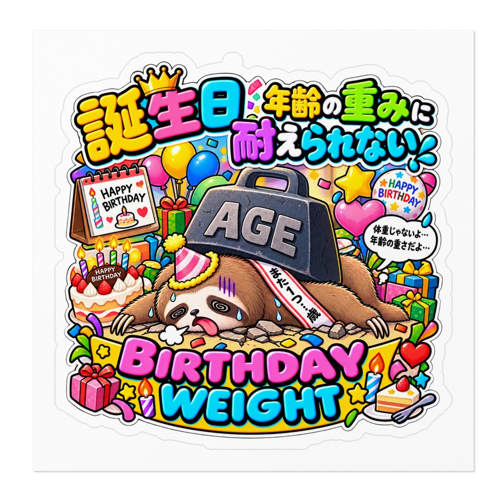 誕生日を迎えて「おめでとう」と言われたが、歳を重ねる重みに耐え切れず地面にめり込む(ナマケモノ) / "BIRTHDAY WEIGHT" Sloth Sticker