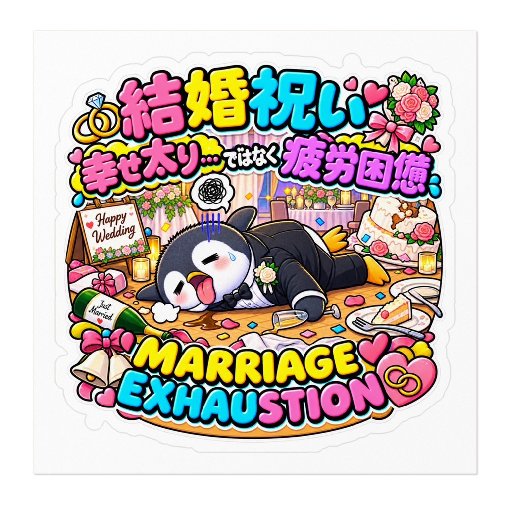 結婚祝いのパーティーの準備で燃え尽き、タキシードのまま床で力尽きる(ペンギン) / "MARRIAGE EXHAUSTION" Penguin Sticker