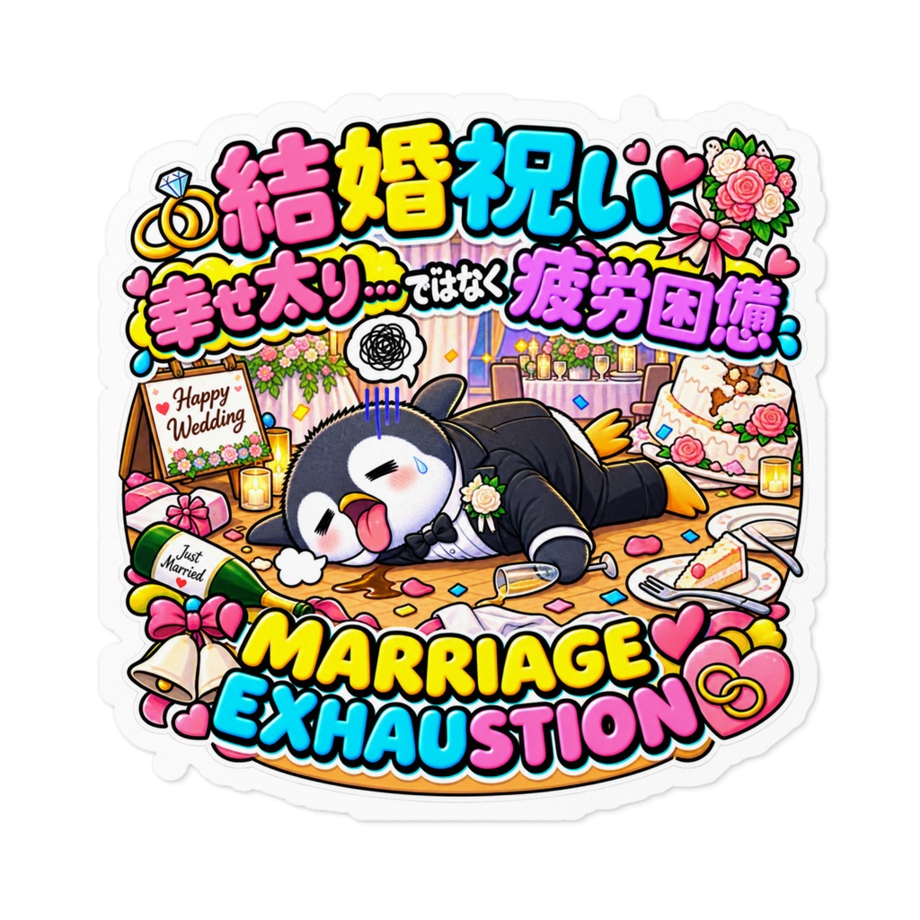 結婚祝いのパーティーの準備で燃え尽き、タキシードのまま床で力尽きる（ペンギン） / "MARRIAGE EXHAUSTION" Penguin Sticker