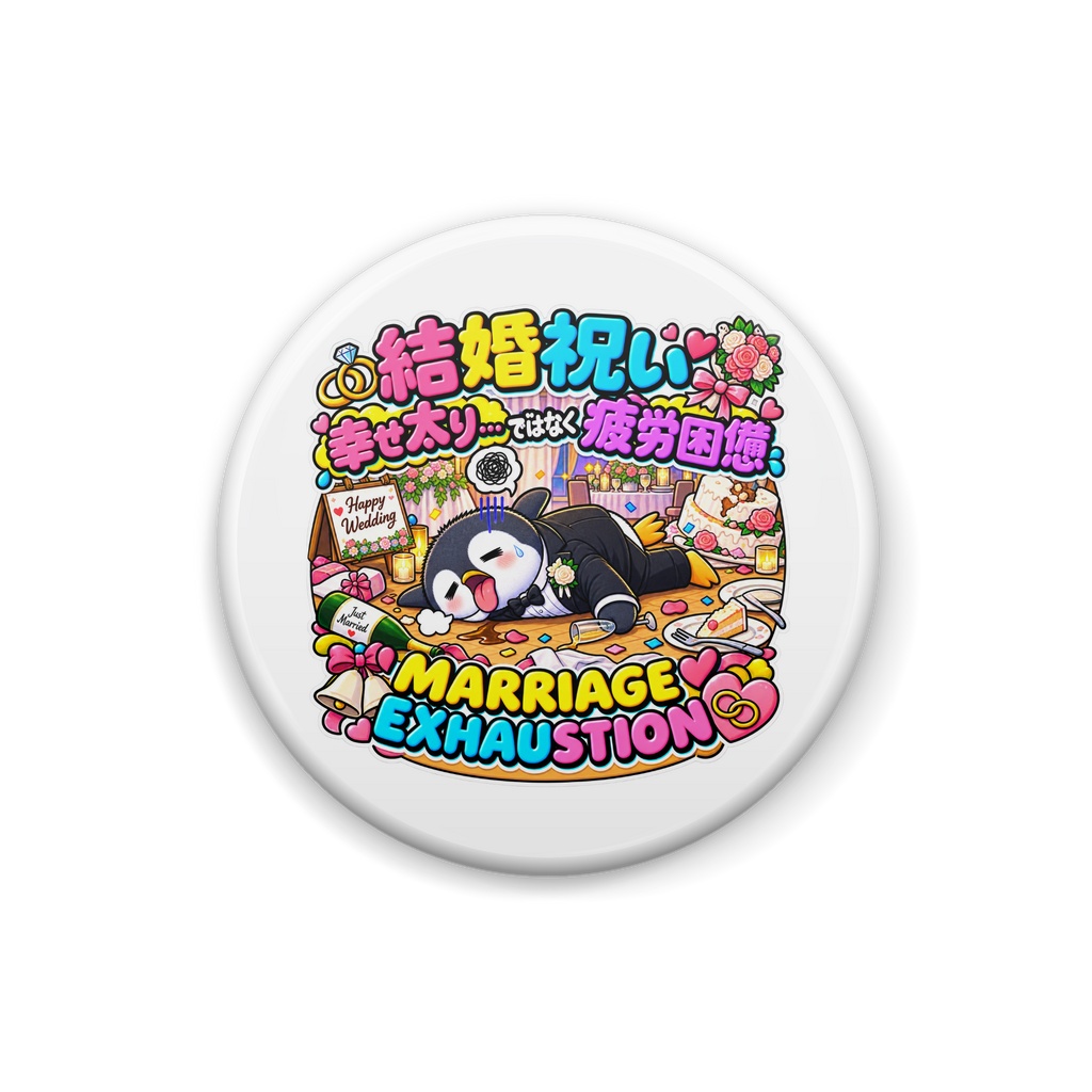 結婚祝いのパーティーの準備で燃え尽き、タキシードのまま床で力尽きる（ペンギン） / "MARRIAGE EXHAUSTION" Penguin