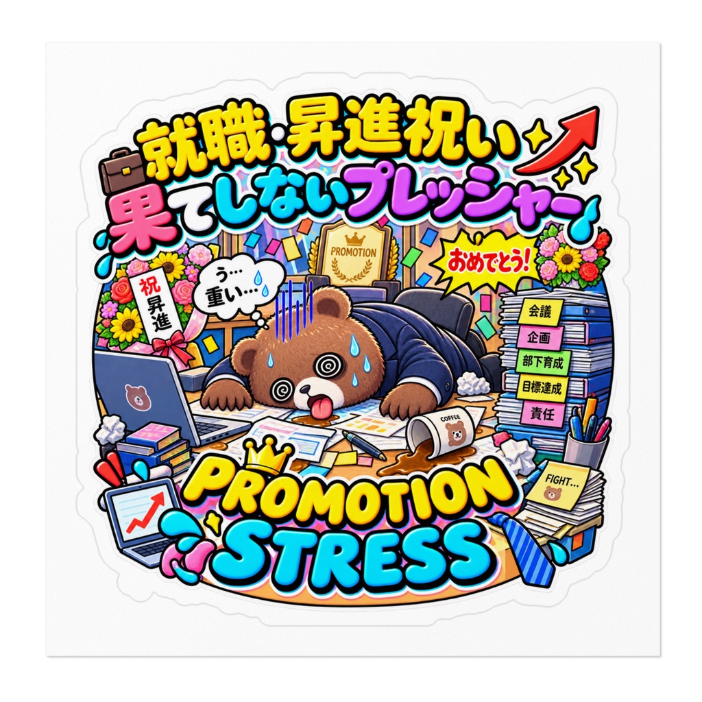 「昇進おめでとう」と言われた瞬間に、責任という名の重りが肩にのしかかる(クマ) / "PROMOTION STRESS" Bear Sticker