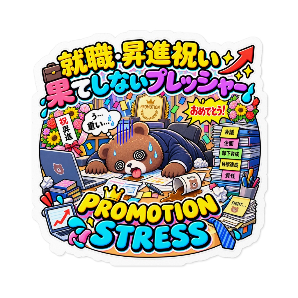 「昇進おめでとう」と言われた瞬間に、責任という名の重りが肩にのしかかる（クマ） / "PROMOTION STRESS" Bear Sticker