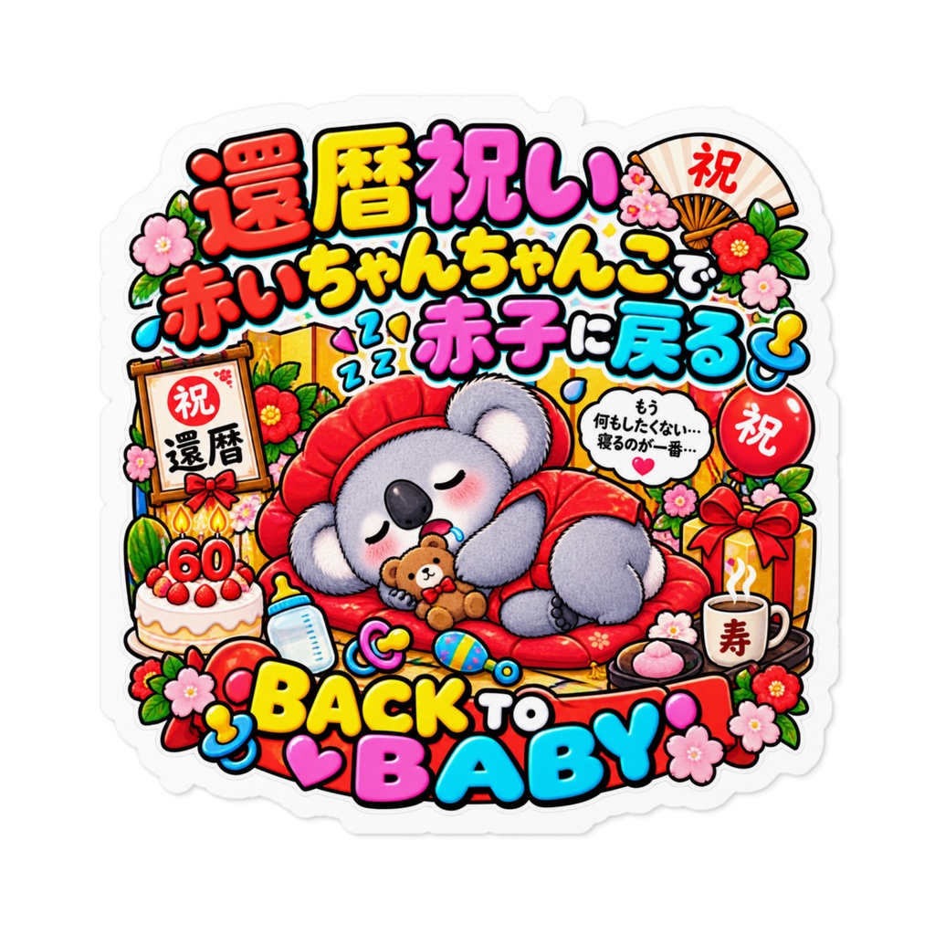 還暦祝いで赤いちゃんちゃんこを着せられ、なぜか赤子のように丸くなり眠る（コアラ） / "BACK TO BABY" Koala Sticker