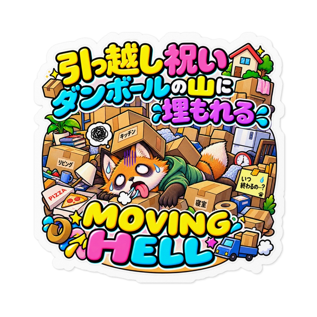 新居への引っ越し祝いの最中、終わらない荷解きの山に囲まれて白目をむく（キツネ） / "MOVING HELL" Fox Sticker