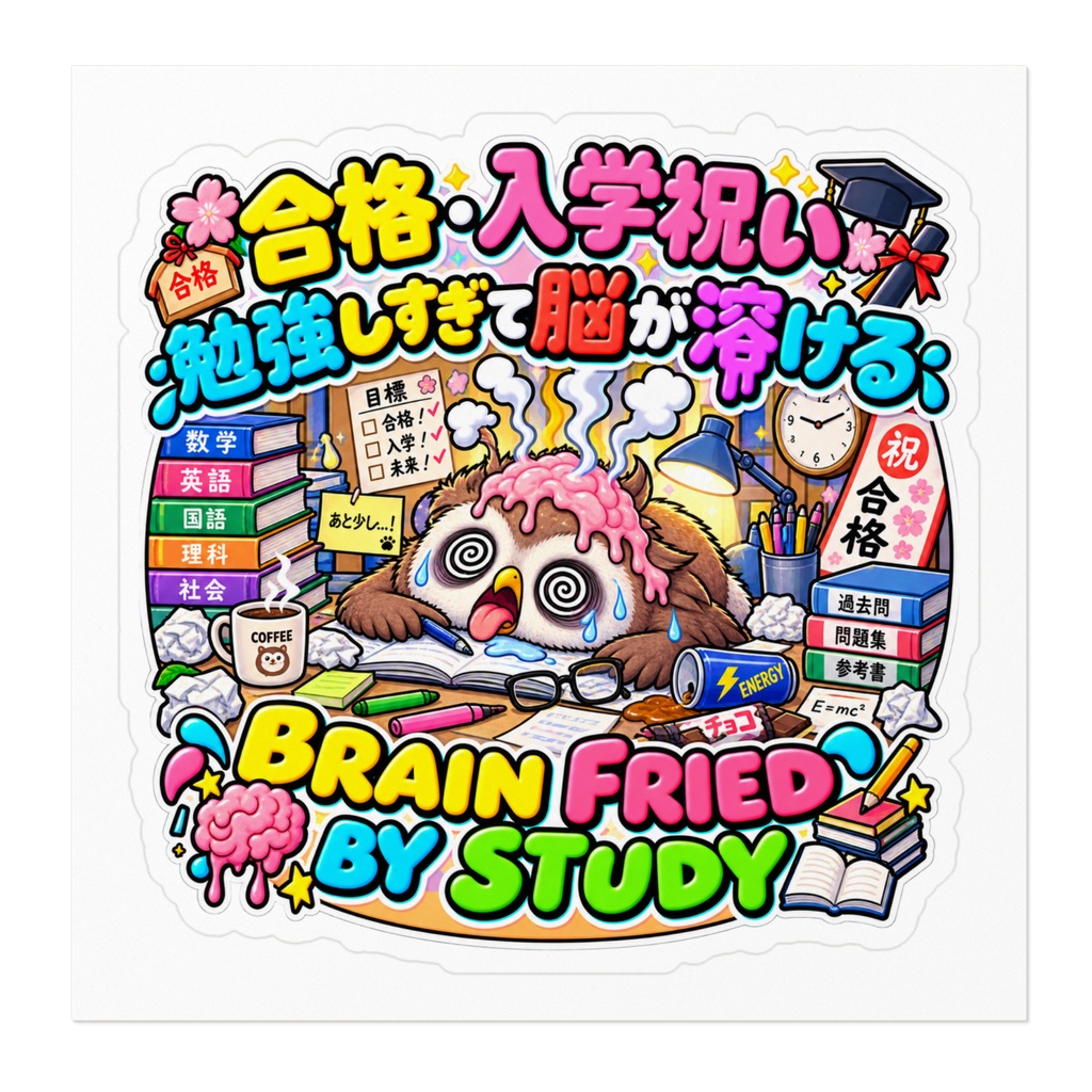 合格祝いをしてもらう前に、受験勉強で頭を使いすぎて脳が完全に液体化する(フクロウ) / "BRAIN FRIED BY STUDY" Owl Sticker