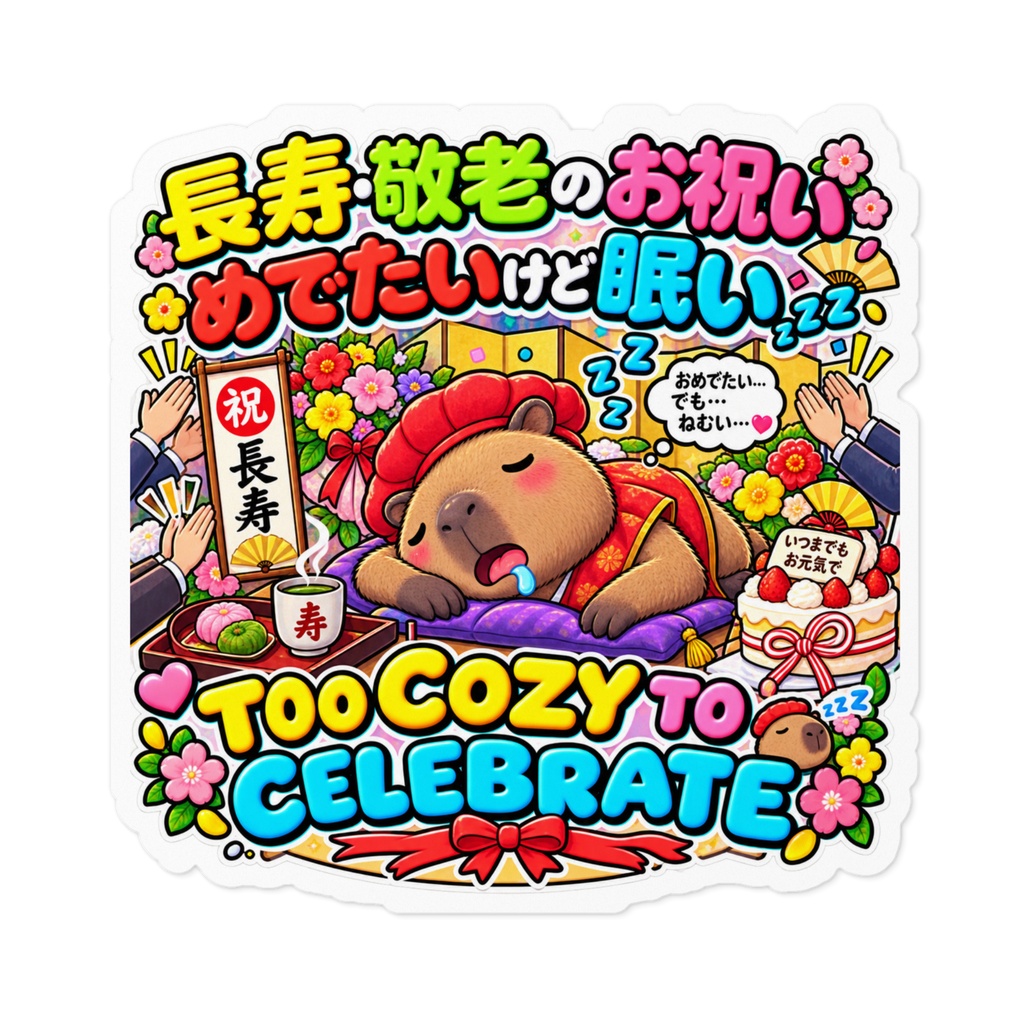 盛大なお祝いの席で主役を務めるが、心地よすぎて盛大に居眠りする（カピバラ） / "TOO COZY TO CELEBRATE" Capybara Sticker