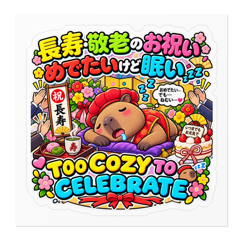 盛大なお祝いの席で主役を務めるが、心地よすぎて盛大に居眠りする(カピバラ) / "TOO COZY TO CELEBRATE" Capybara Sticker