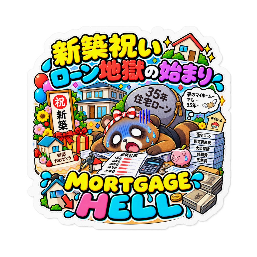 念願の新築マイホームが完成して祝われている裏で、35年ローンの重さに震える（タヌキ） / "MORTGAGE HELL" Raccoon Dog Sticker