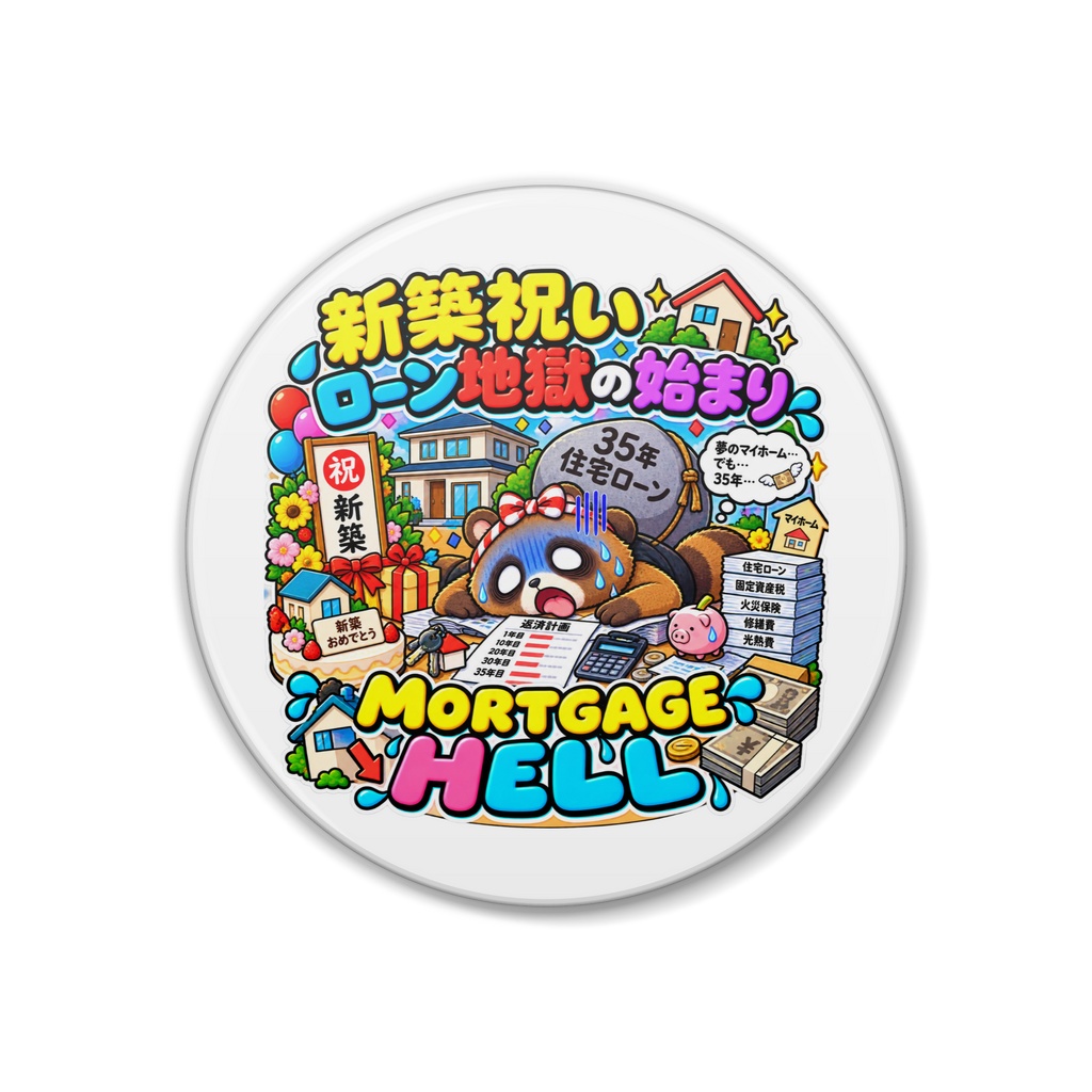 念願の新築マイホームが完成して祝われている裏で、35年ローンの重さに震える（タヌキ） / "MORTGAGE HELL" Raccoon Dog