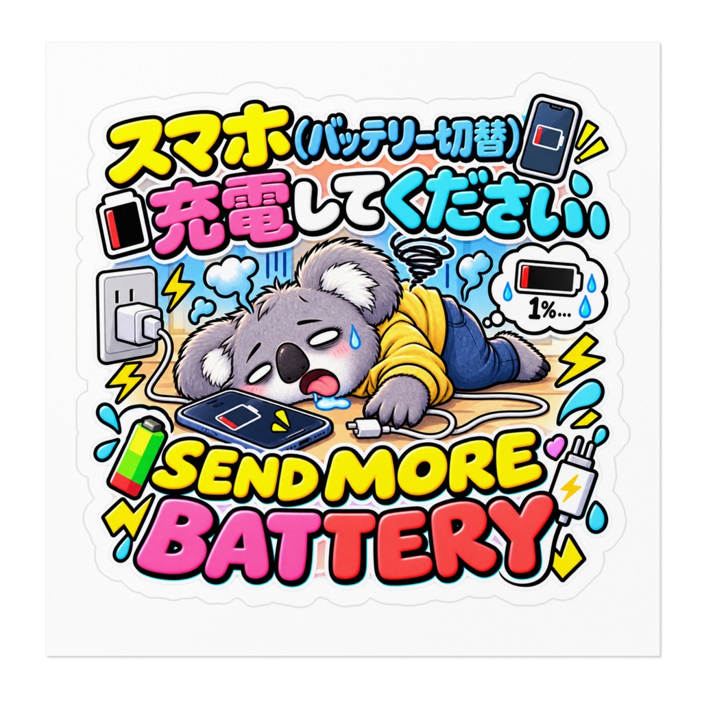 スマホの充電が切れる寸前、自分のライフも一緒にゼロになって力尽きる(コアラ) / "SEND MORE BATTERY" Koala Sticker