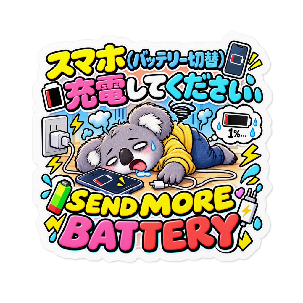 スマホの充電が切れる寸前、自分のライフも一緒にゼロになって力尽きる（コアラ） / "SEND MORE BATTERY" Koala Sticker