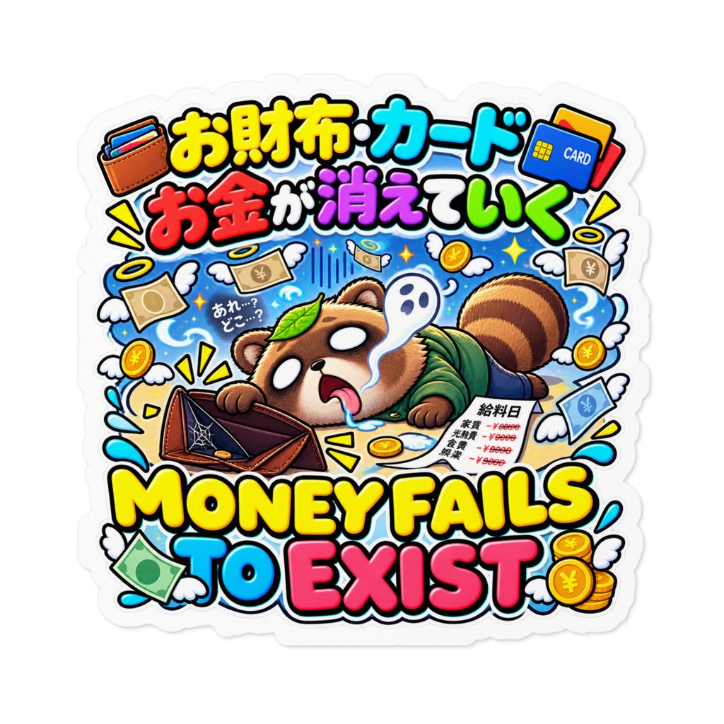 給料日に入ったお金が、光の速さで消えていき放心状態になる(タヌキ) / "MONEY FAILS TO EXIST" Raccoon Dog Sticker