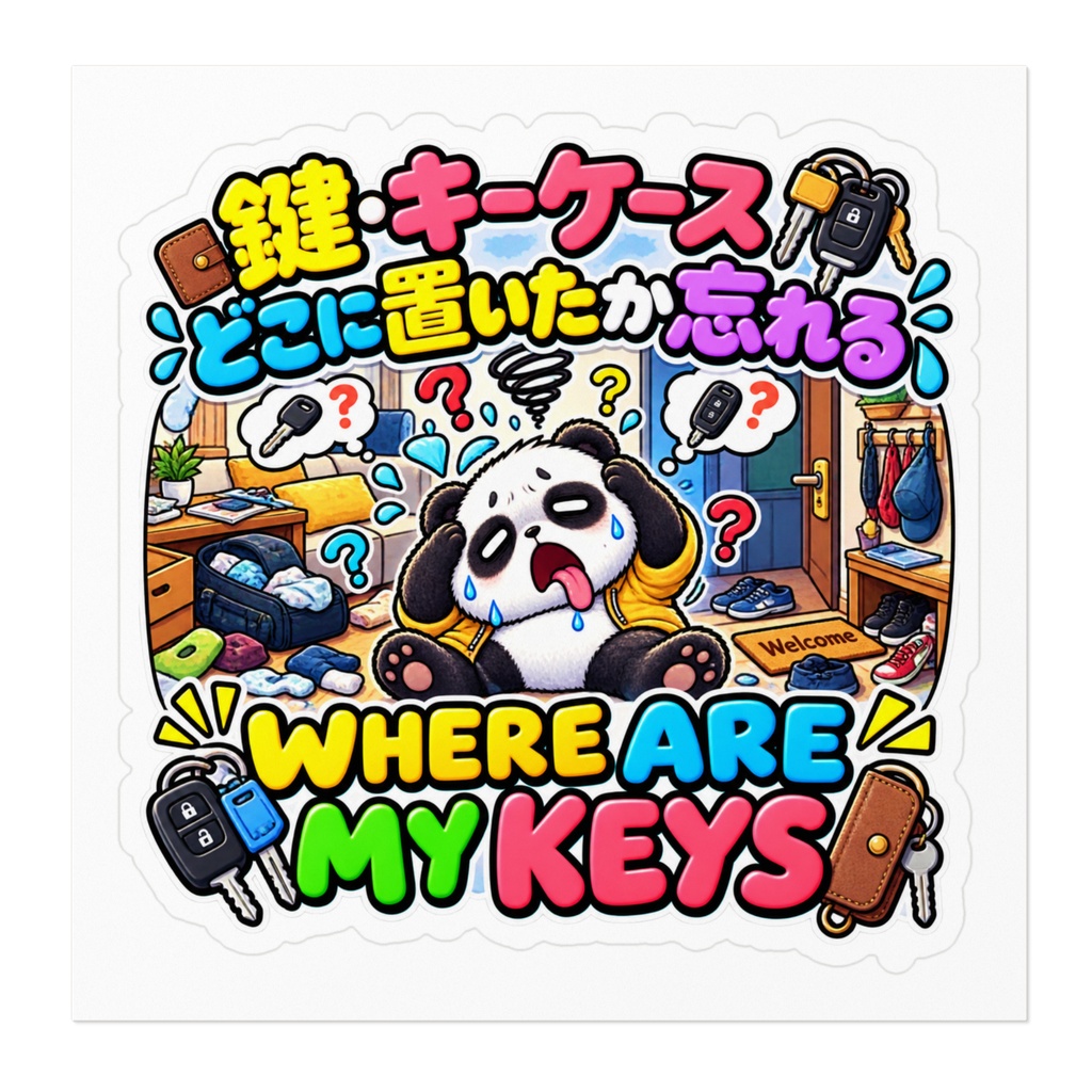出かけようとした瞬間に鍵が見つからず、部屋の中を捜索して力尽きる(パンダ) / "WHERE ARE MY KEYS" Panda Sticker