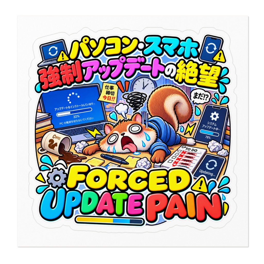 仕事の直前にパソコンが「今から強制アップデートします」と言い出し、絶望する(リス) / "FORCED UPDATE PAIN" Squirrel Sticker