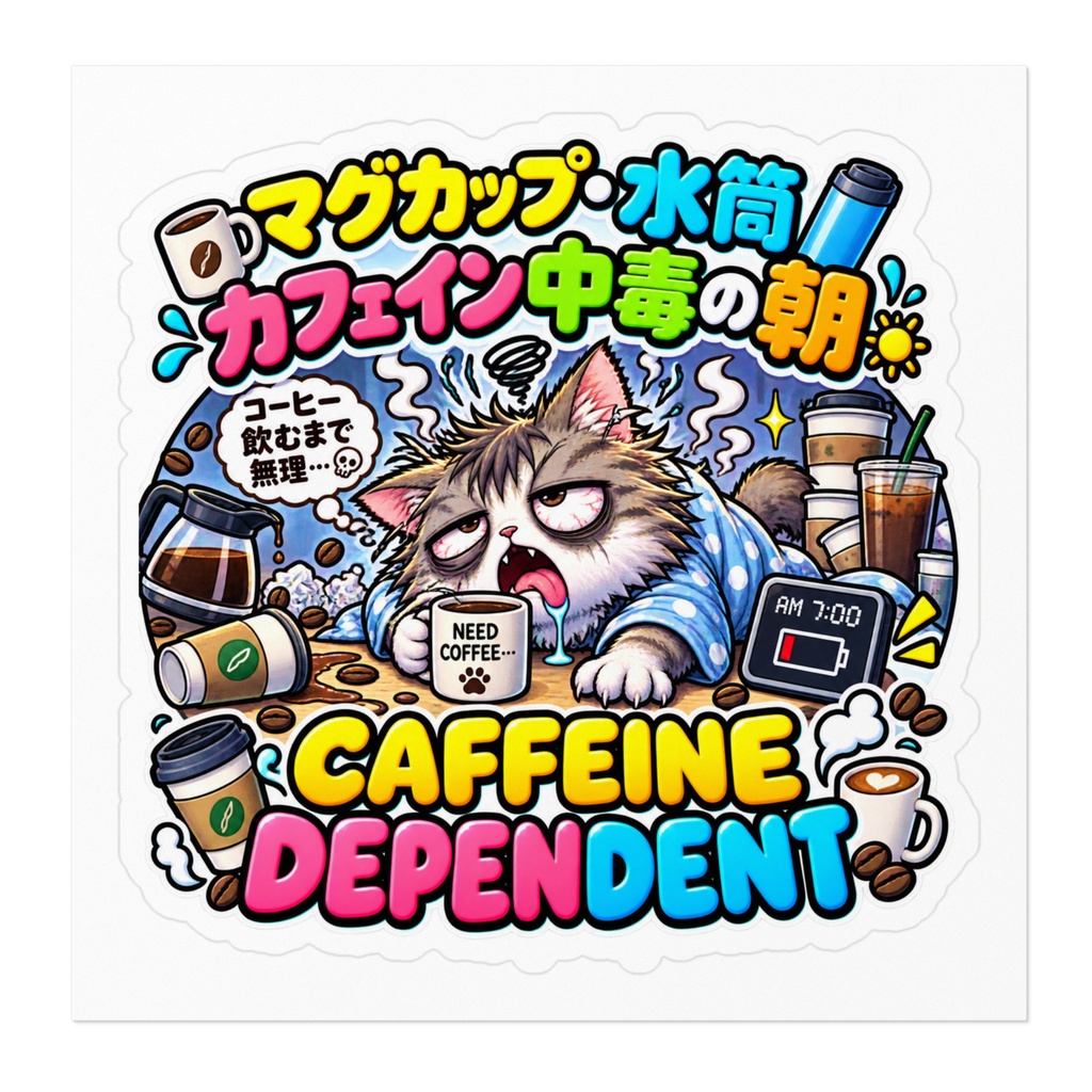 朝のコーヒーを飲み干すまで、人間としての尊厳を一切持っていない(ネコ) / "CAFFEINE DEPENDENT" Cat Sticker