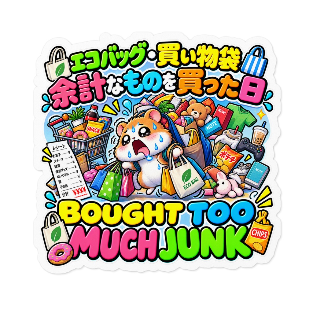 スーパーに行っただけなのに、なぜかカゴいっぱいの余計なものを買って後悔する（ハムスター） / "BOUGHT TOO MUCH JUNK" Hamster Sticker
