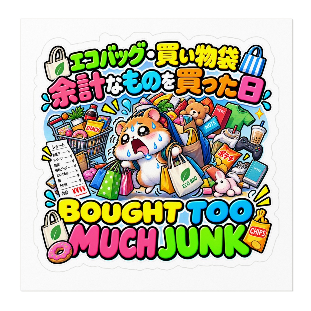 スーパーに行っただけなのに、なぜかカゴいっぱいの余計なものを買って後悔する(ハムスター) / "BOUGHT TOO MUCH JUNK" Hamster Sticker