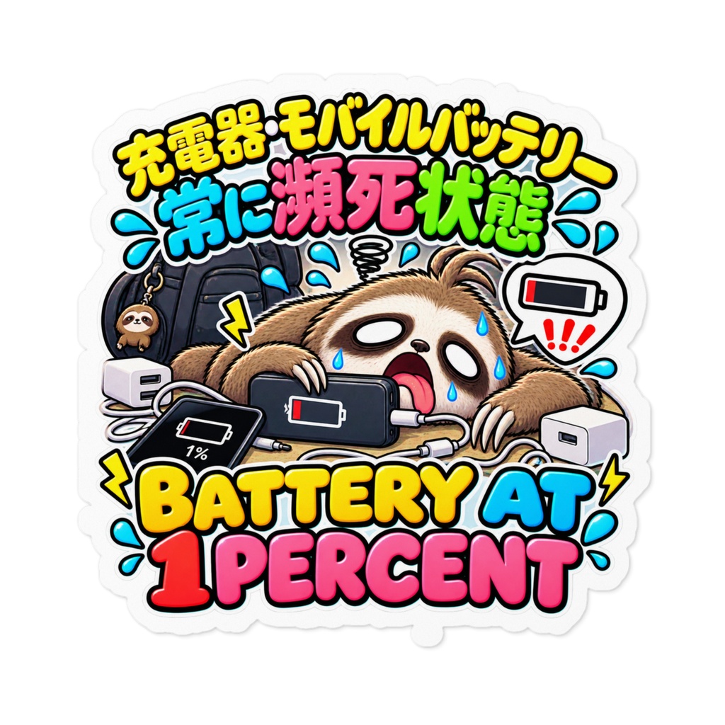 モバイルバッテリーを持っているのに、本体の充電を忘れて自分も一緒に瀕死になる(ナマケモノ) / "BATTERY AT 1 PERCENT" Sloth Sticker