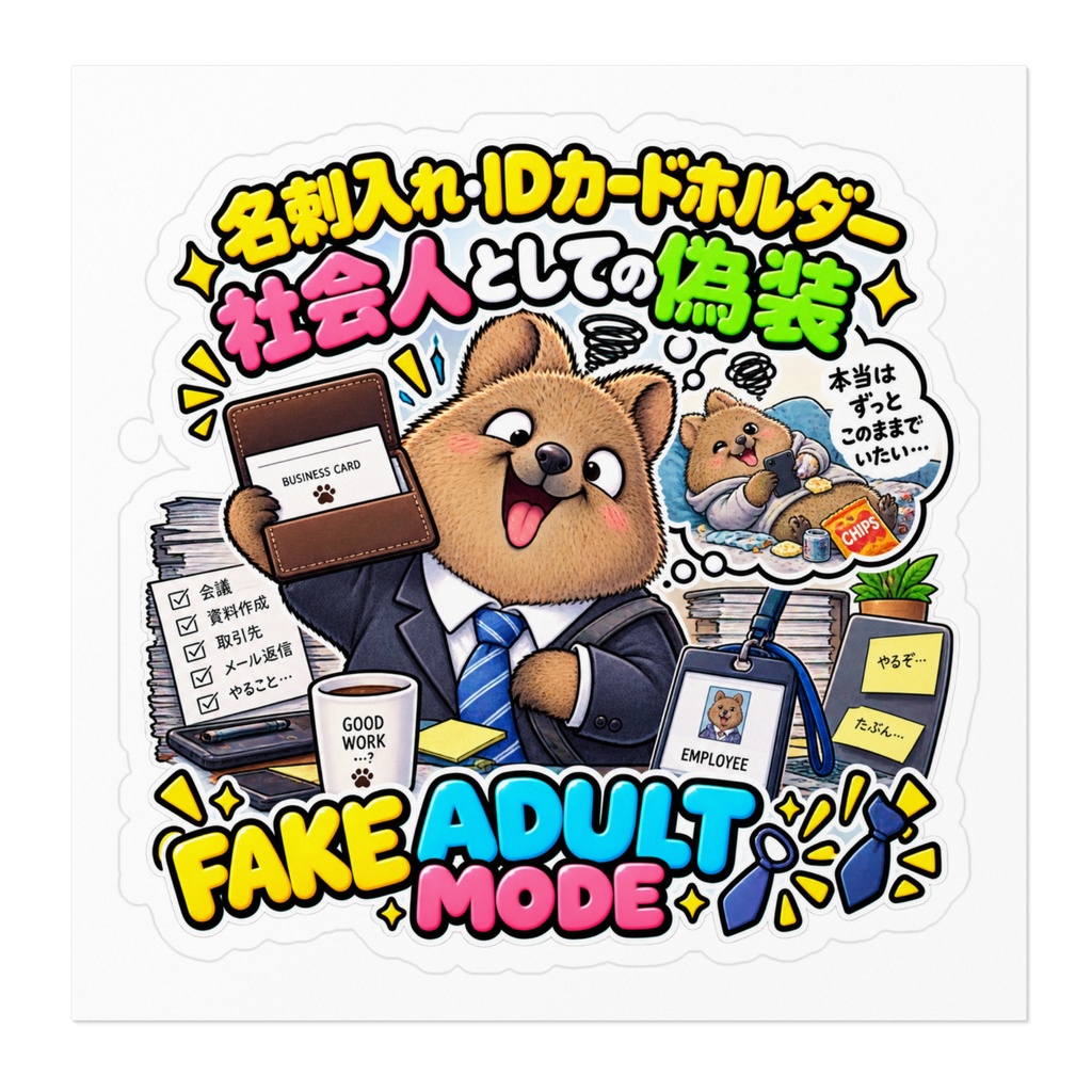 名刺入れを取り出すたびに、頭の中の「ちゃんとした社会人フィルター」が剥がれる(クアッカワラビー) / "FAKE ADULT MODE" Quokka Sticker