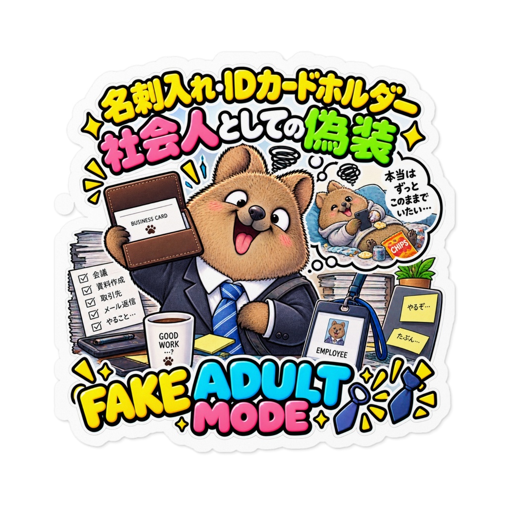 名刺入れを取り出すたびに、頭の中の「ちゃんとした社会人フィルター」が剥がれる(クアッカワラビー) / "FAKE ADULT MODE" Quokka Sticker