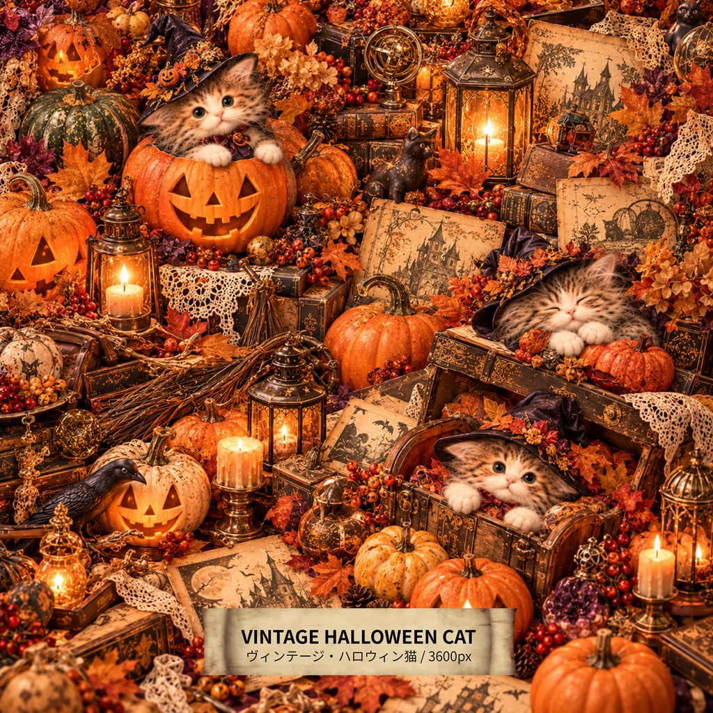 魔法の秋、子猫たちのハロウィン祭り（秋・ハロウィン）【期間限定無料ダウンロード/商用利用OK】ヴィンテージ・猫 デジタルペーパー（3600px / 手帳デコ・コラージュ素材）