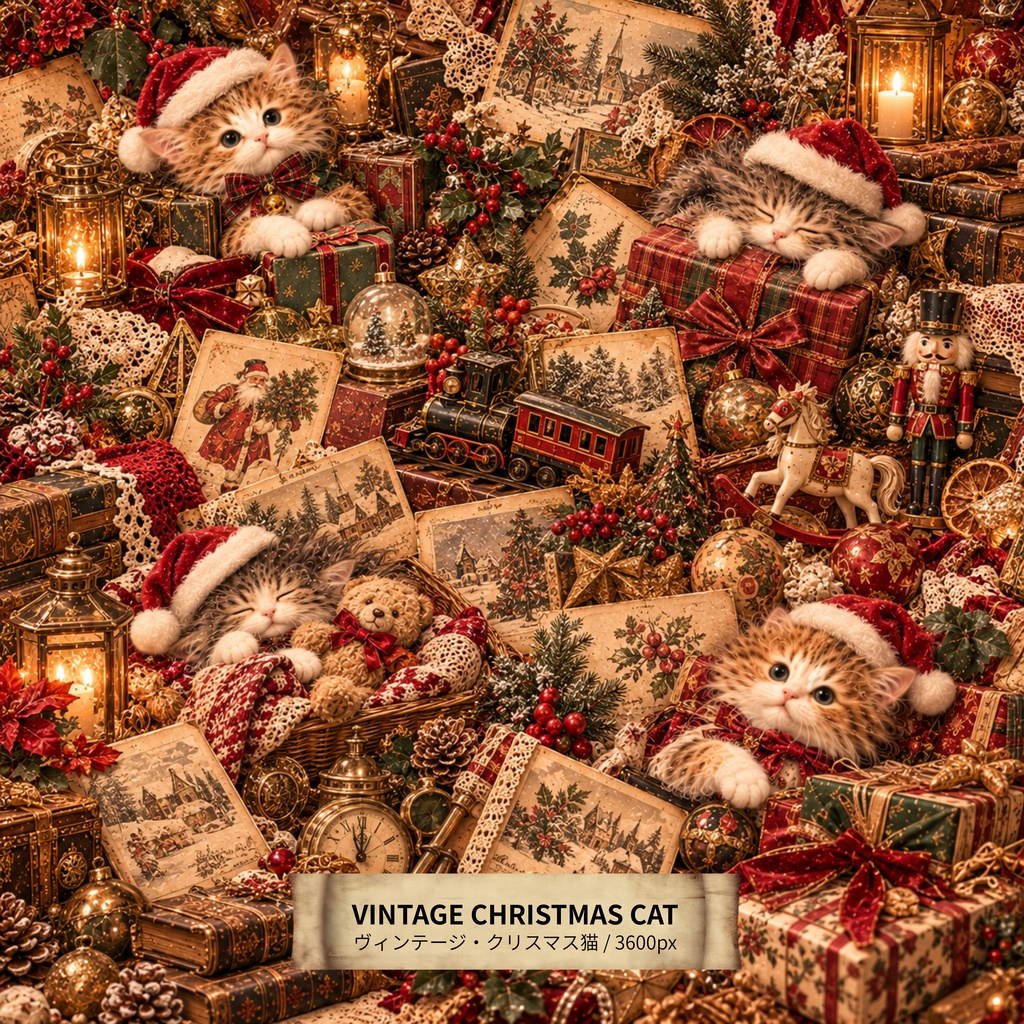 アンティークなクリスマスと子猫たち（冬・クリスマス）　【期間限定無料ダウンロード/商用利用OK】ヴィンテージ・猫 デジタルペーパー（3600px / 手帳デコ・コラージュ素材）