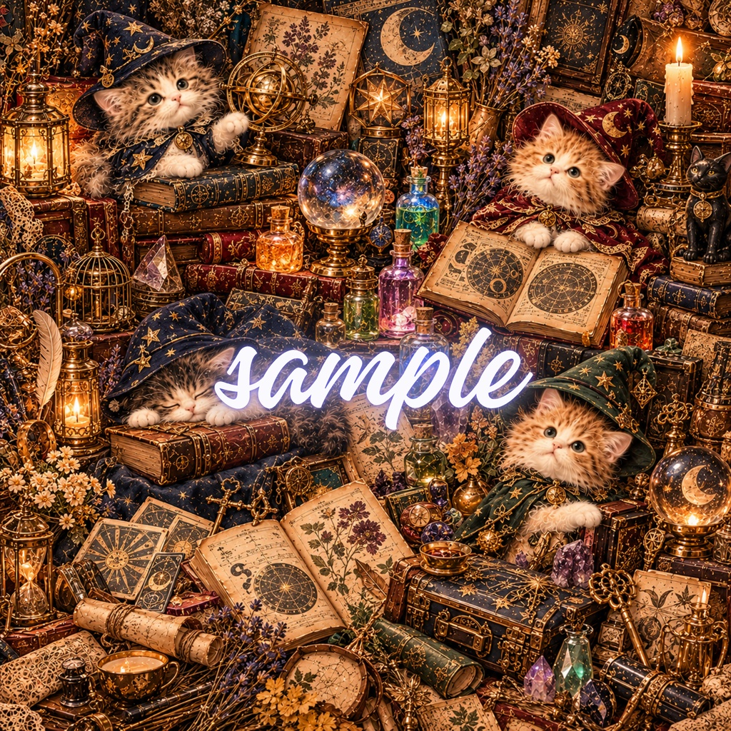 【期間限定価格】【商用利用OK / Commercial Use OK】ヴィンテージ猫 デジタルペーパー ファンタジー&魔法猫 5枚セット / Vintage Cat Digital Paper Pack - Fantasy & Magic (3600px)