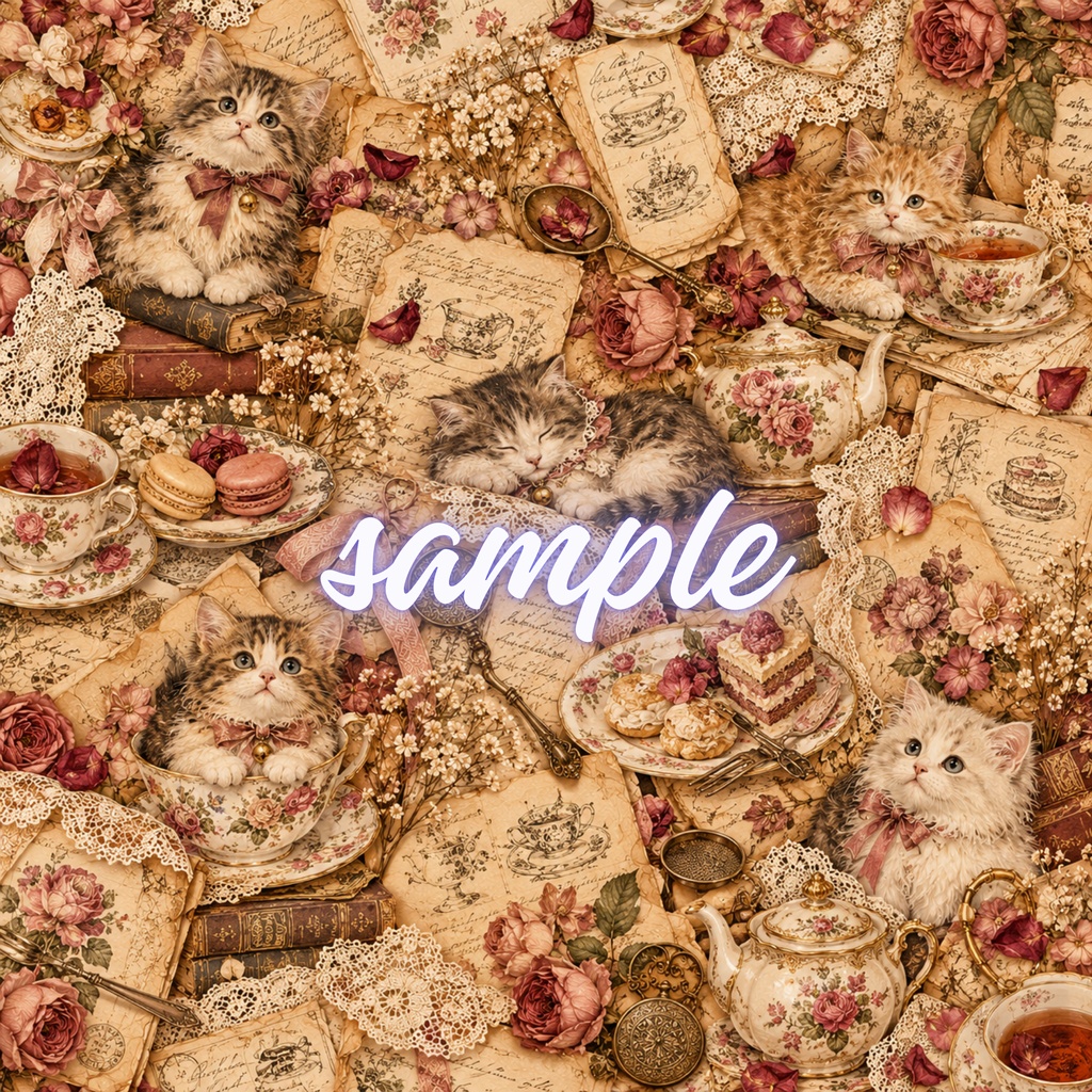 【期間限定価格】ヴィンテージ猫 デジタルペーパー ライフスタイル猫 5枚セット / Vintage Cat Digital Paper: Cozy Lifestyle Pack (3600px/商用利用OK/コラージュ・手帳デコ素材)